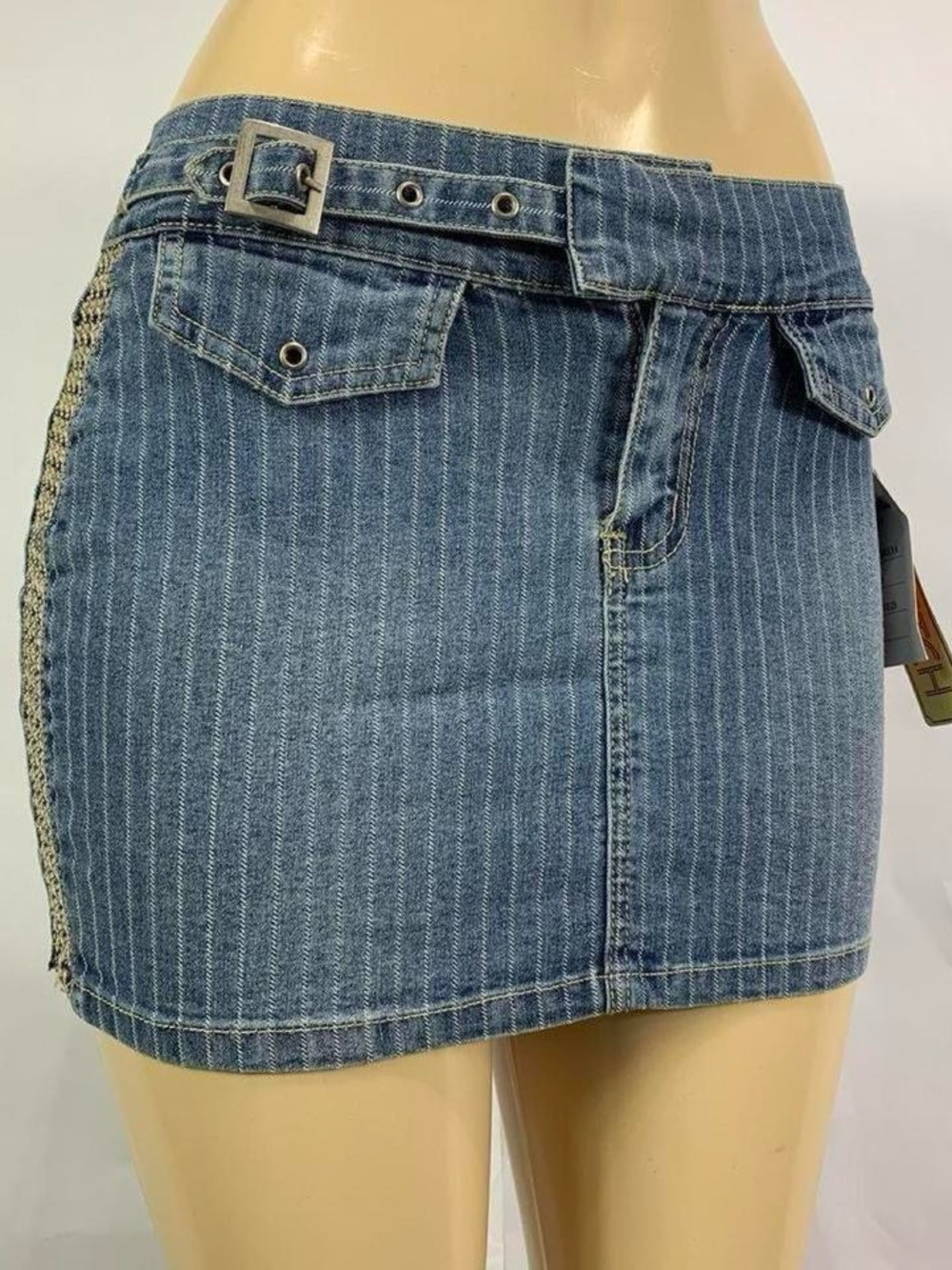 Funhouse Jeans Pinstripe Denim Micro Mini Skirt Belted Y2K Deadstock